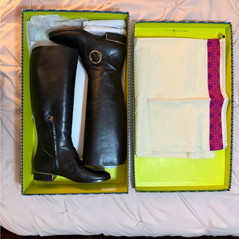 Tory Burch Black Leather Heeled Boots with Gold Accents